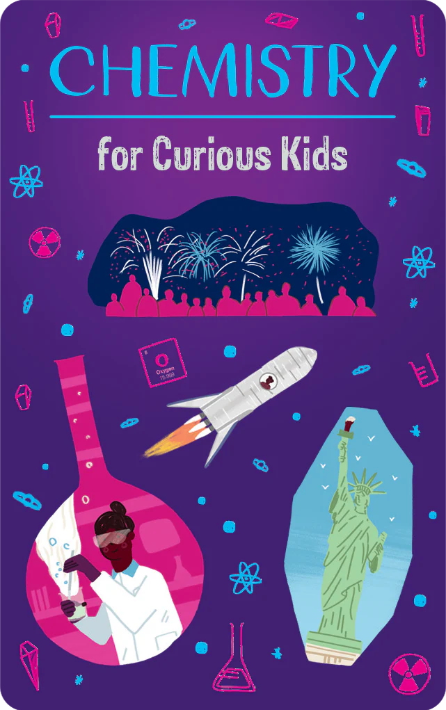 Illustration highlighting chemistry for curious kids with a scientist, rocket, fireworks, and the Statue of Liberty.