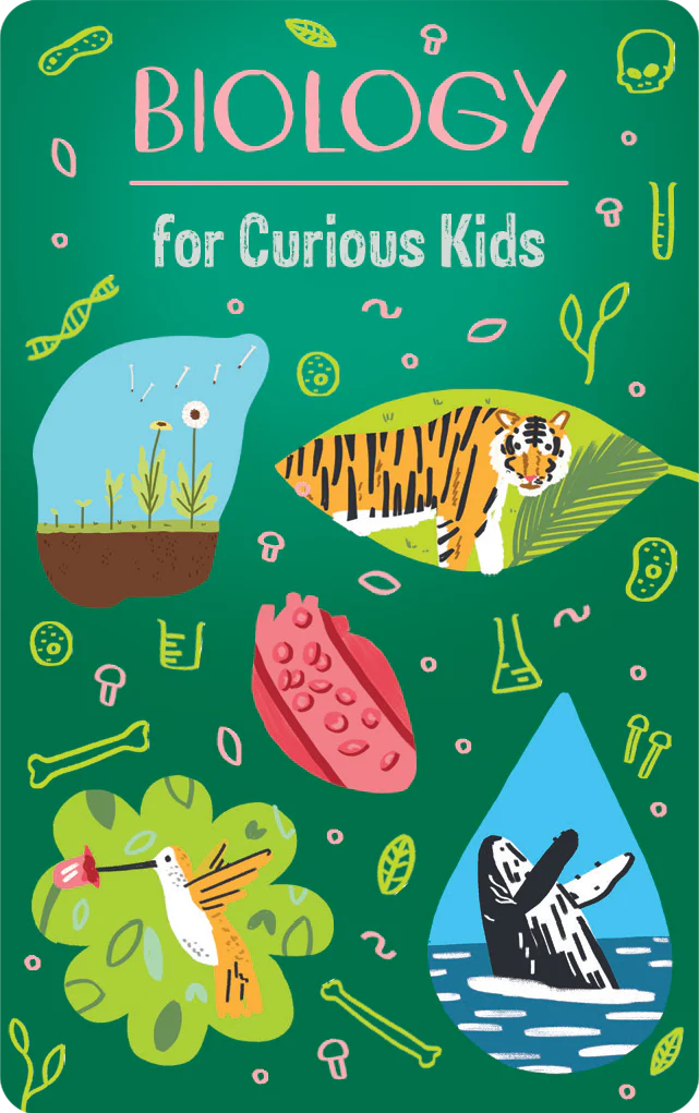 Illustration of biology concepts for curious kids featuring plants, animals, leaves, and scientific symbols on green background