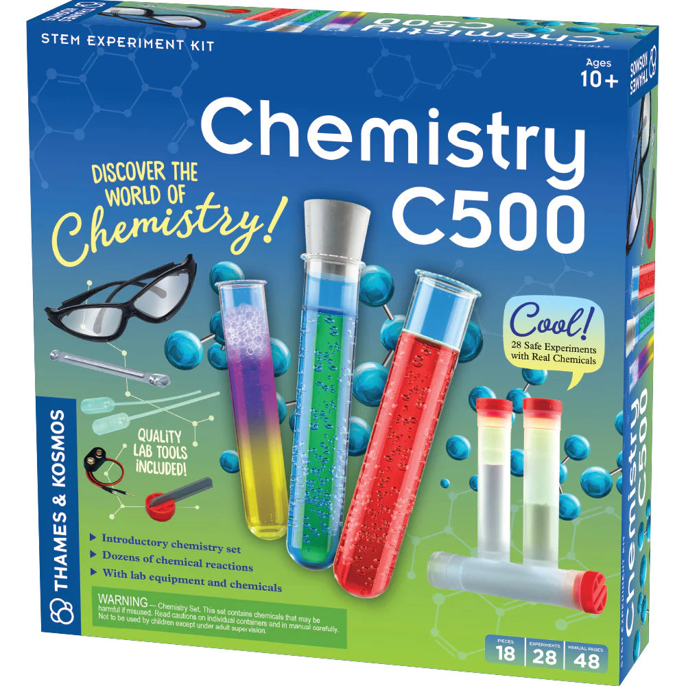 Chemistry C500 STEM experiment kit with test tubes, safety goggles, pipette, and colorful chemical reactions for ages 10 and up