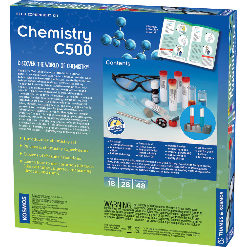 Box of Chemistry 500 stem experiment kit with test tubes, chemicals, tools, and illustrated instruction booklet for kids and beginners