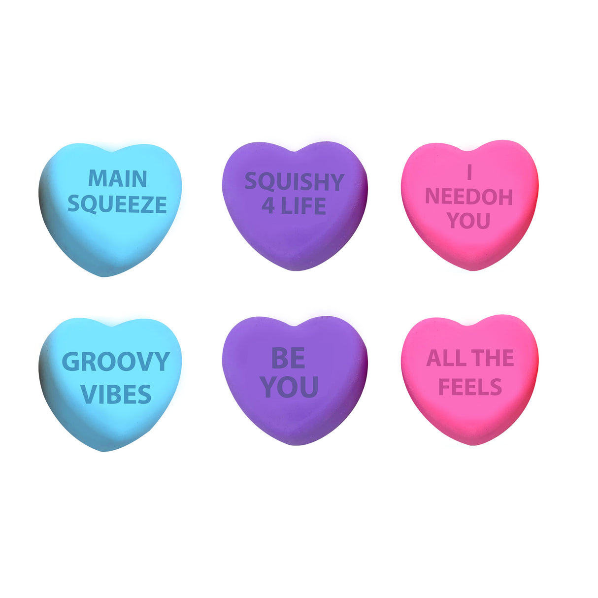 NeeDoh Color Change Squeeze Heart sensory toys in blue, purple, and pink with fun groovy sayings for squeezing and stress relief.