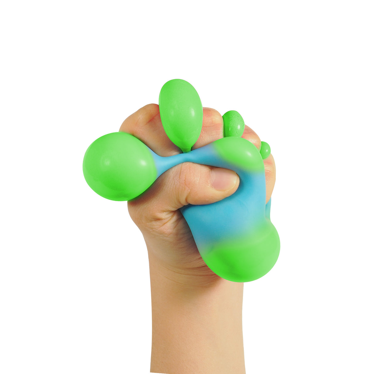 Hand squeezing a blue and green NeeDoh Color Change Squeeze Heart sensory toy showing color shift.
