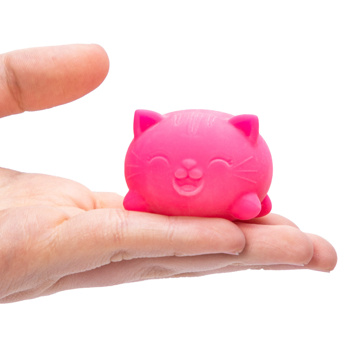 Hand holding a bright pink NeeDoh Teenie Cool Cats toy with a smiling cat face and closed eyes.