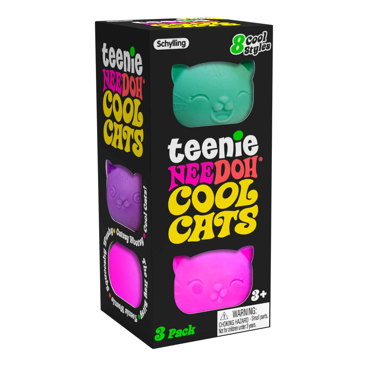 Packaging of Teenie NeeDoh Cool Cats showing three colorful cat faces with eight fun styles and 3-pack label
