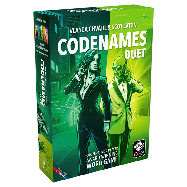Box of Codenames Duet cooperative word game featuring two agents in a green-themed design on the cover