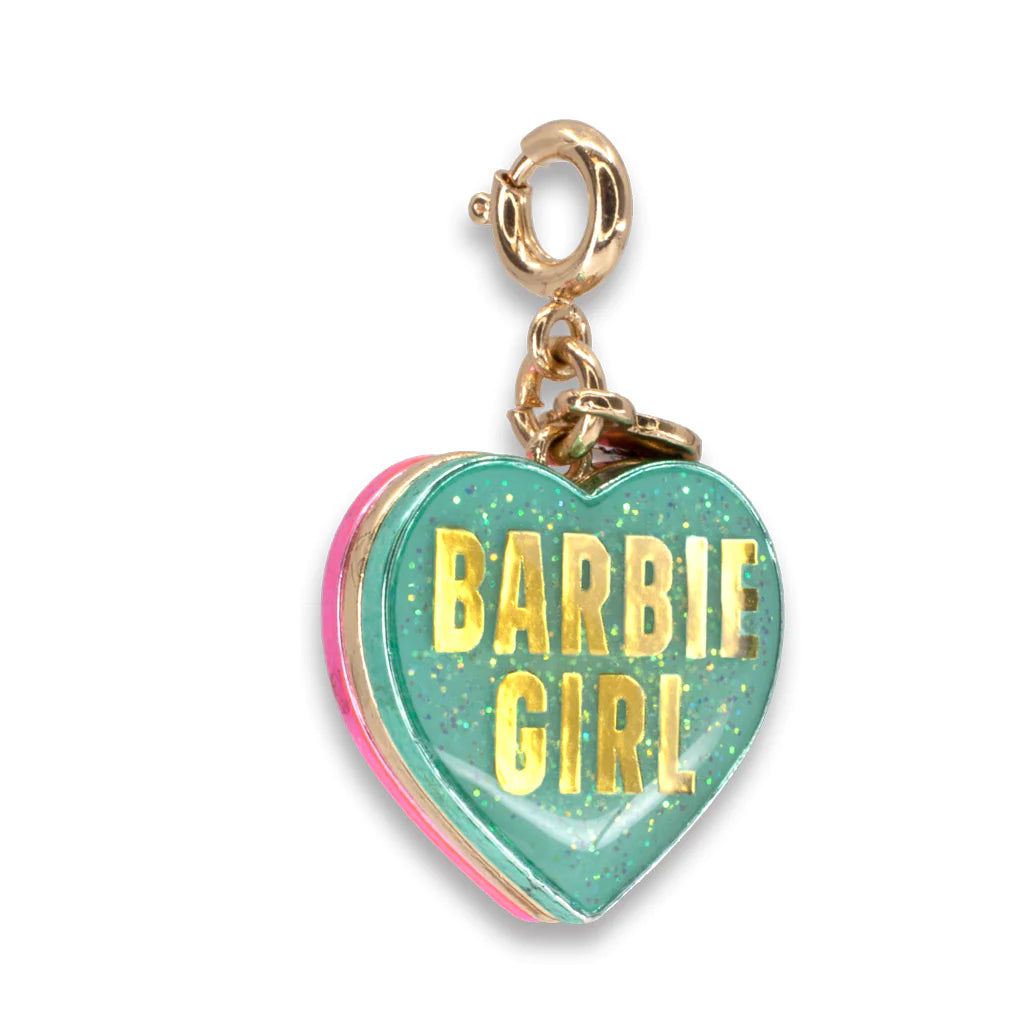Gold Barbie Girl Heart Charm with glittery enamel heart and gold-tone clasp for Barbie fans and collectors.