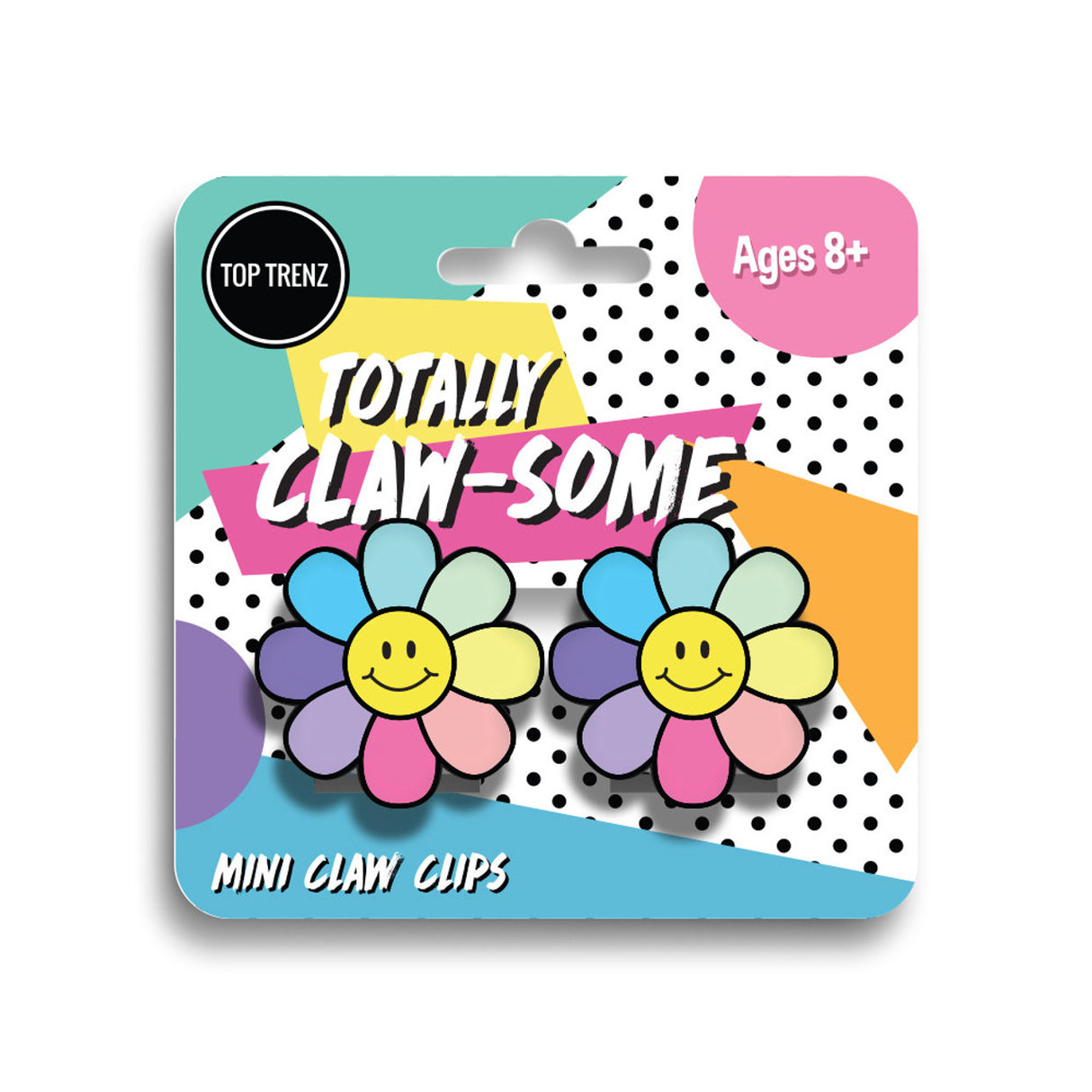 Mini Claw Clips Daisy with colorful smiley flower design, perfect 90s inspired hair accessory for ages 8 and up.