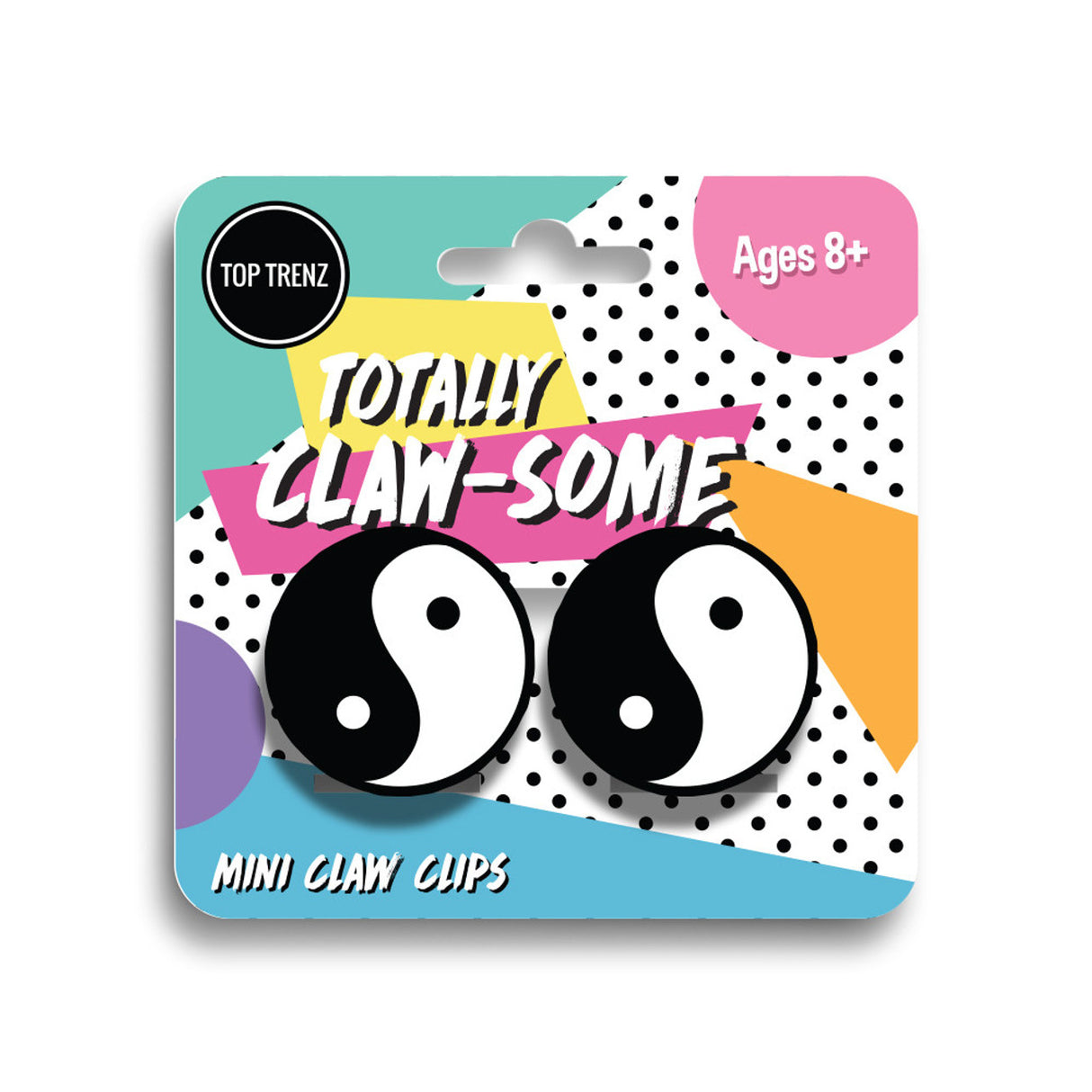 Mini Claw Clips Yin Yang featuring black and white pattern on colorful Top Trenz packaging for ages 8 and up.