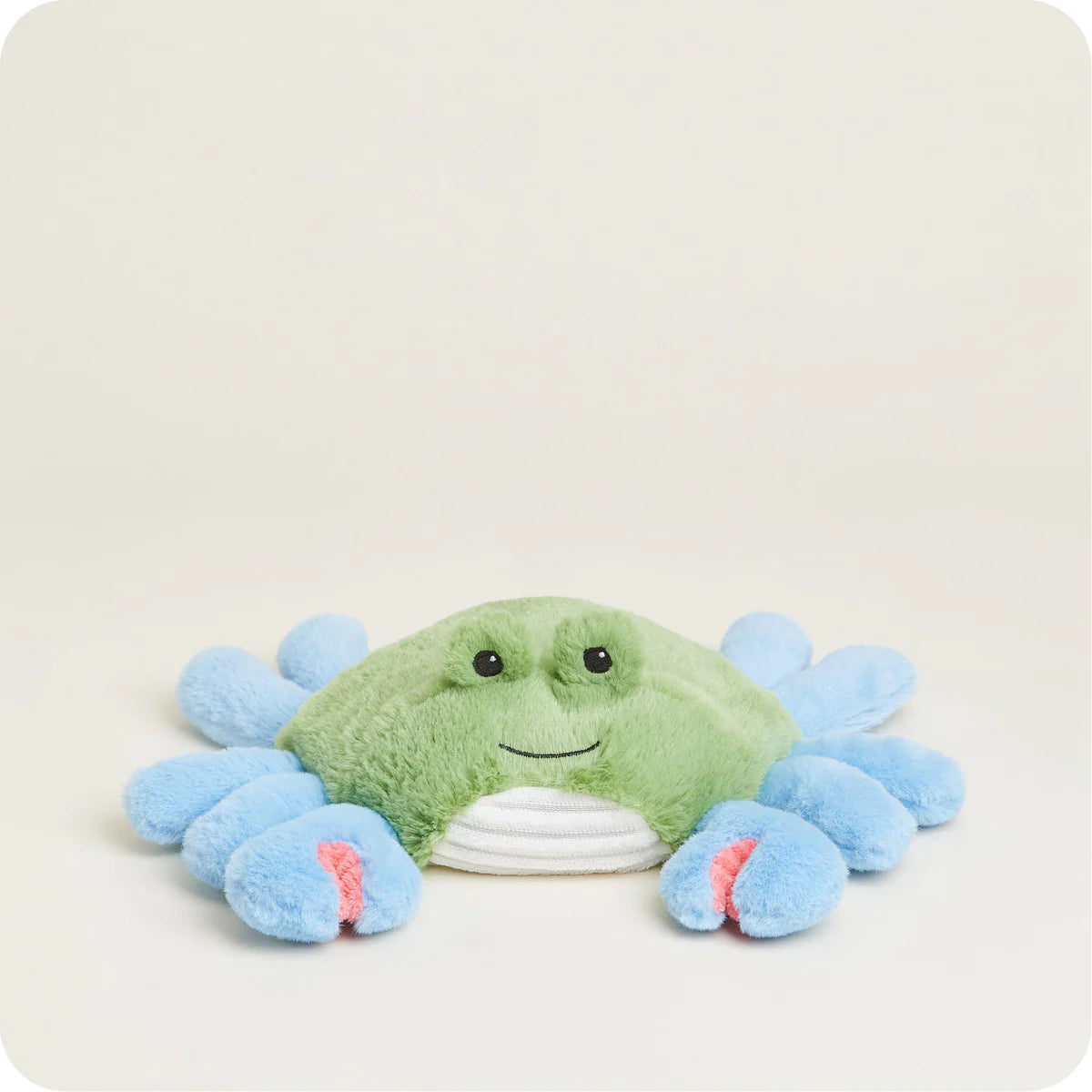 Soft plush blue crab with green body and lavender scent, designed for warmth and comfort therapy