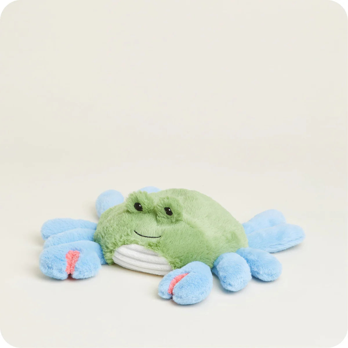 Soft plush blue crab warmie with green body, scented with lavender for soothing comfort and warmth