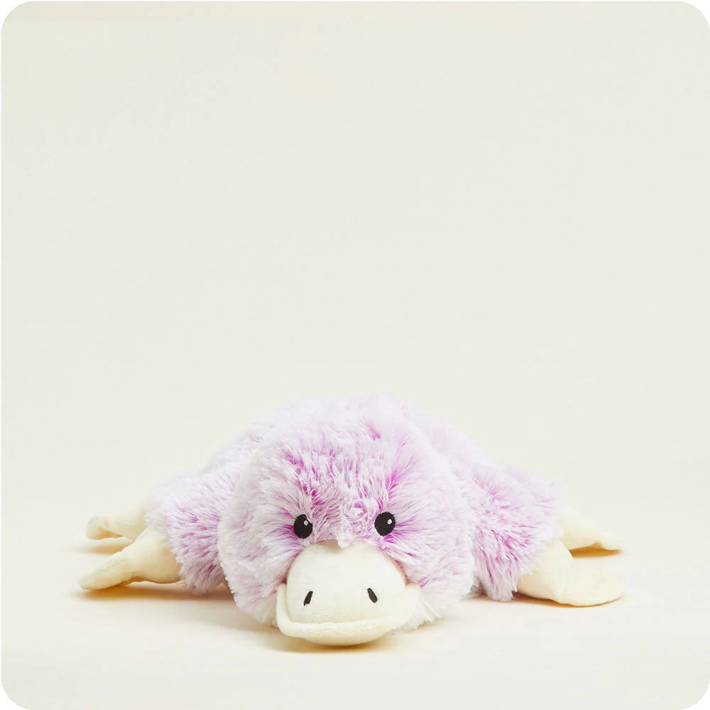 Plush microwavable platypus Warmies in soft lavender color, scented with dried French lavender for comfort and warmth