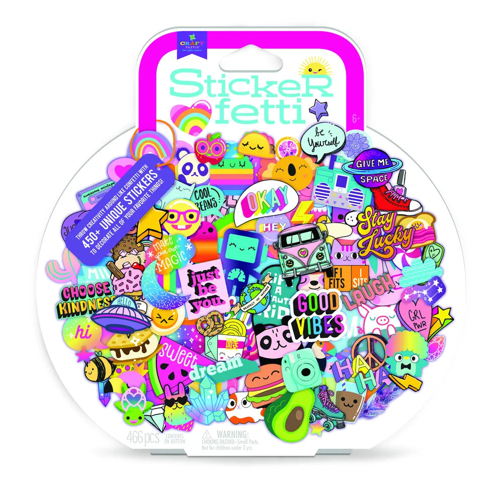 Stickerfetti colorful thick stickers pack with 466 pieces featuring fun designs for decorating notebooks and bottles.