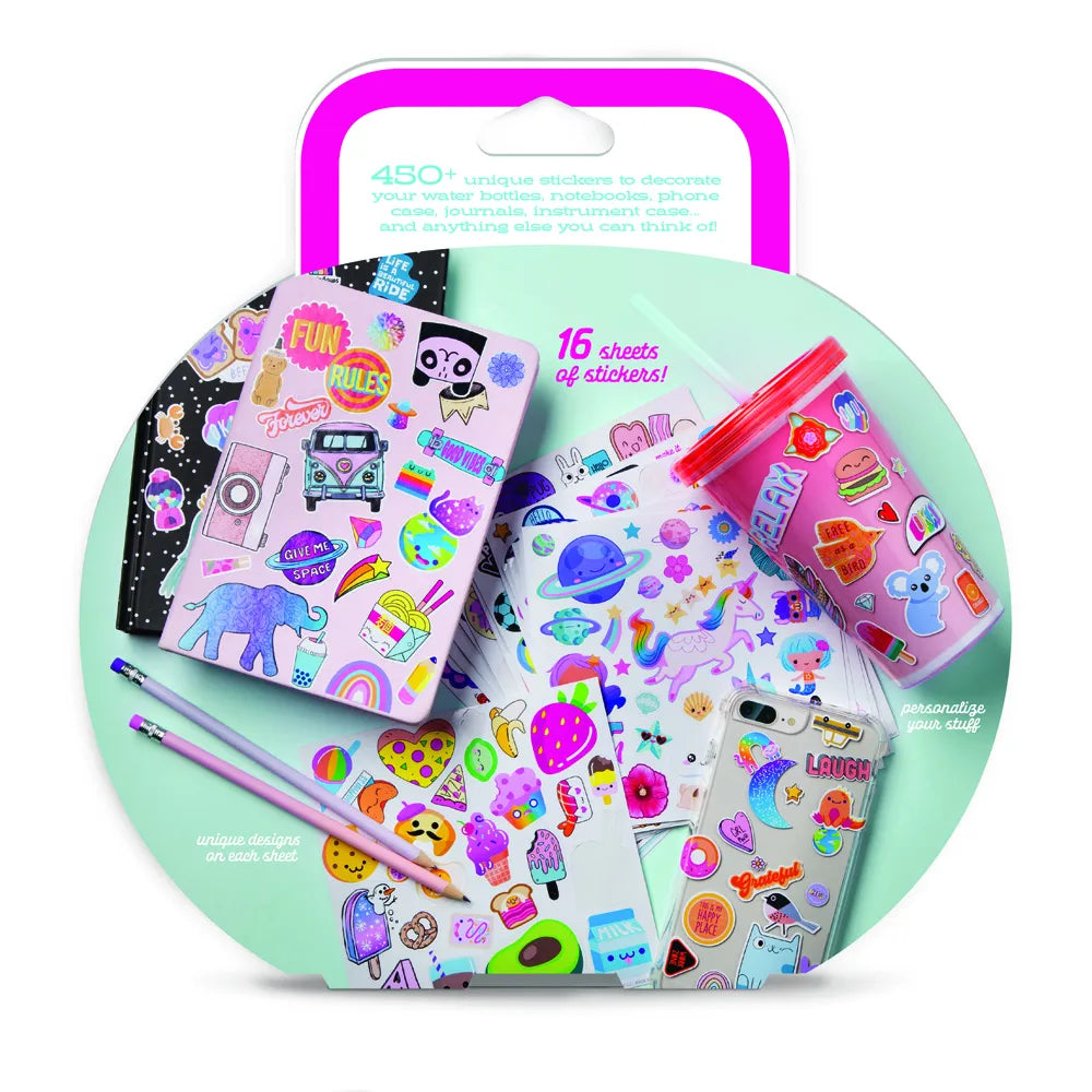 Stickerfetti thick removable stickers featuring cute animals, aliens, rainbows, and fun designs for personalized decorating.