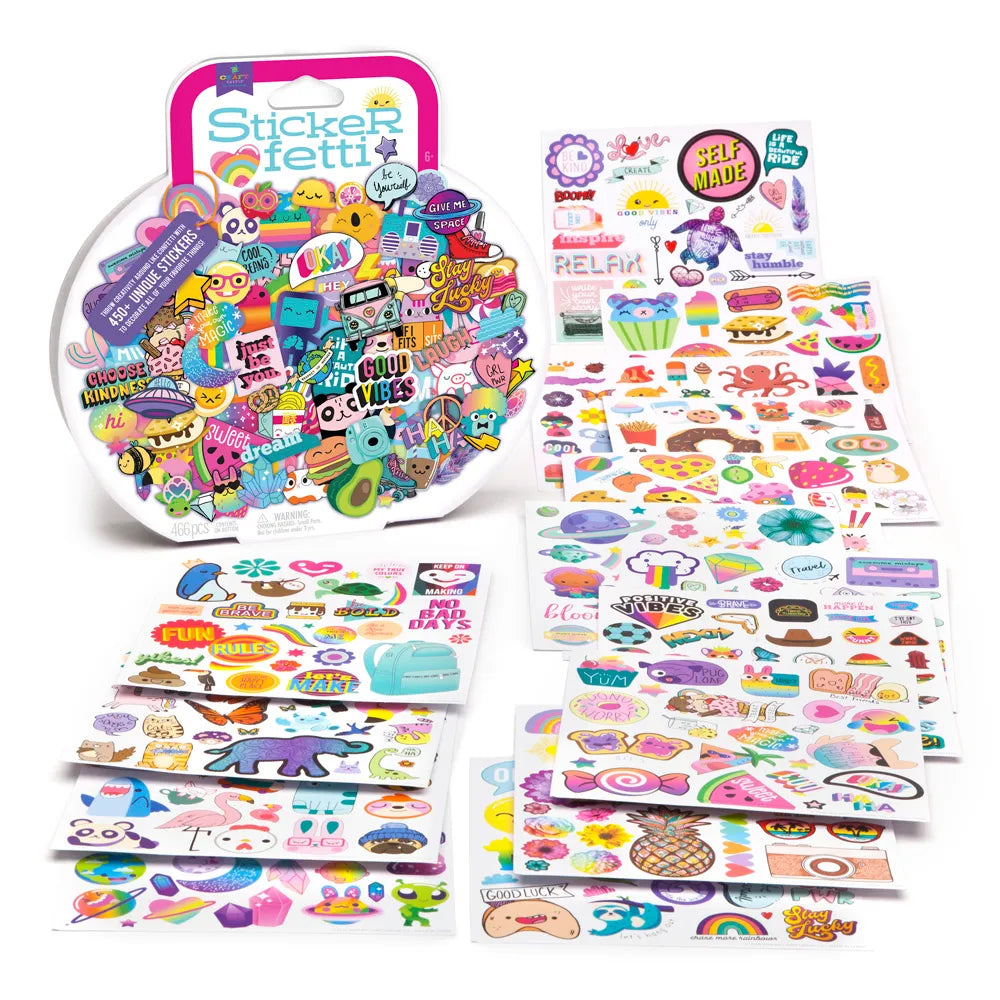 Stickerfetti thick, removable stickers with 466 fun designs including animals, food, and rainbows on 16 sheets.