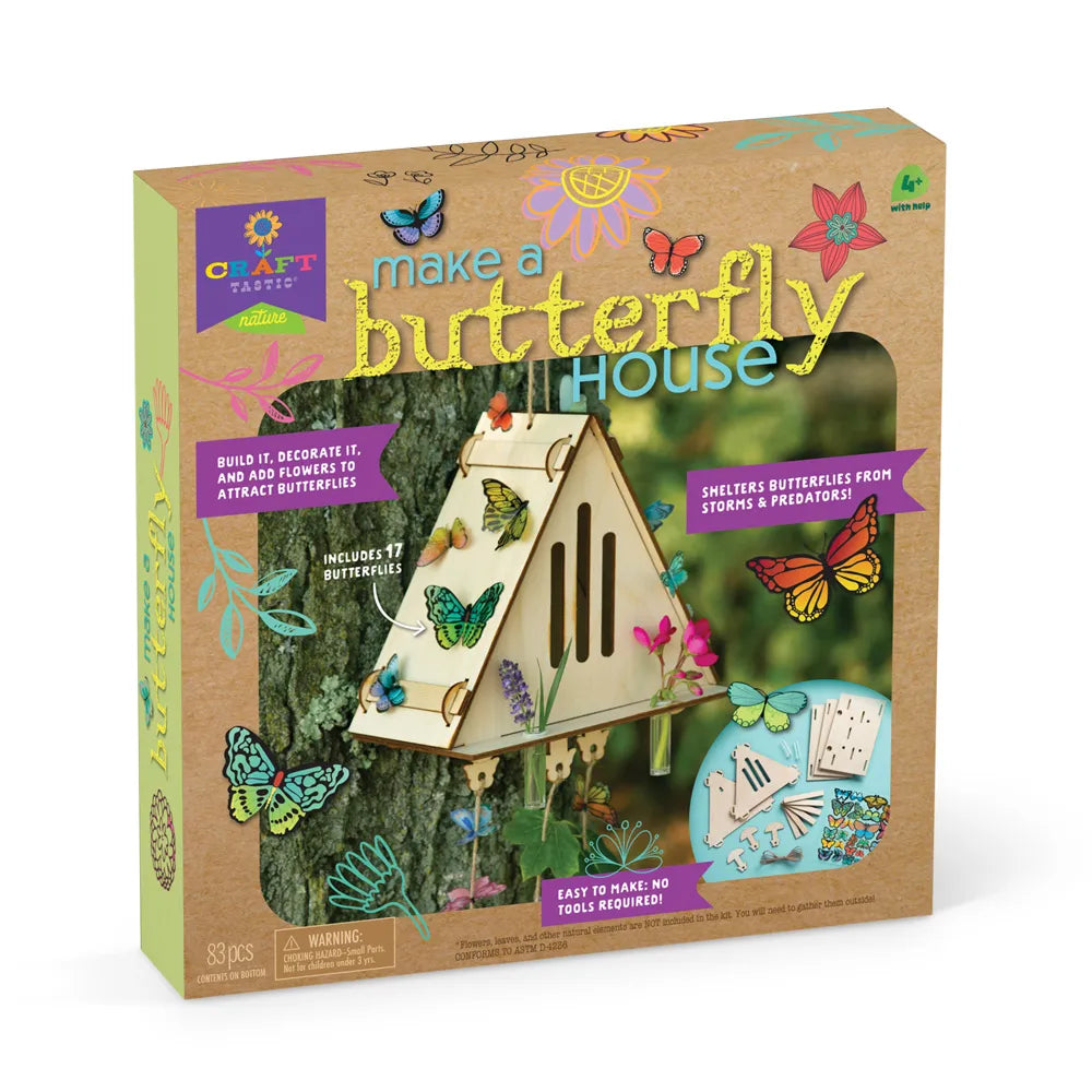 Make A Butterfly House kit with wooden butterfly shelter, colorful decorations, and easy no-tools assembly for kids ages 4 and up