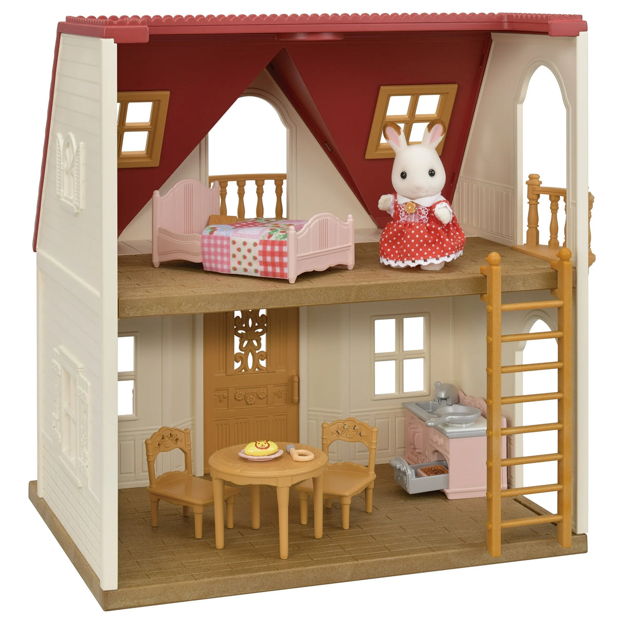 Red Roof Cozy Cottage toy with doll, bed, dining set, kitchen, and ladder in a two-story playhouse.