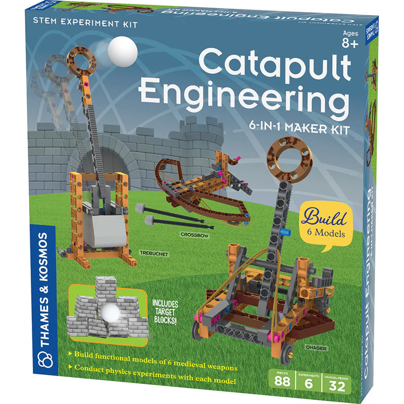 Catapult Engineering 6-in-1 maker kit with medieval siege weapon models and target blocks for physics experiments.