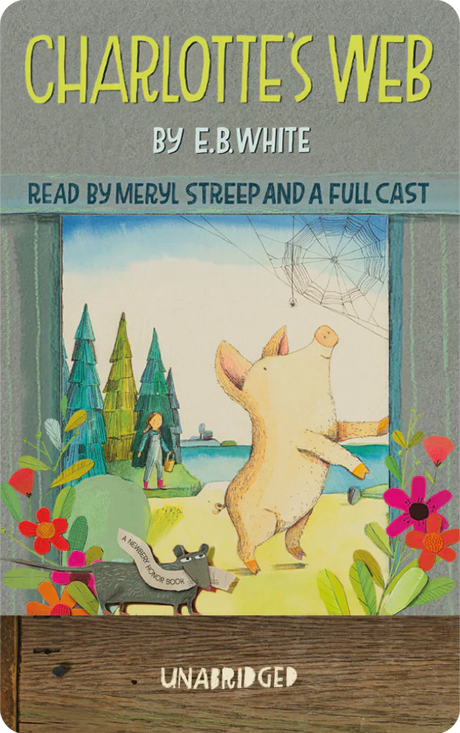 Yoto | Charlotte's Web audiobook cover with Wilbur the pig and a spider's web in an illustrated barn scene.