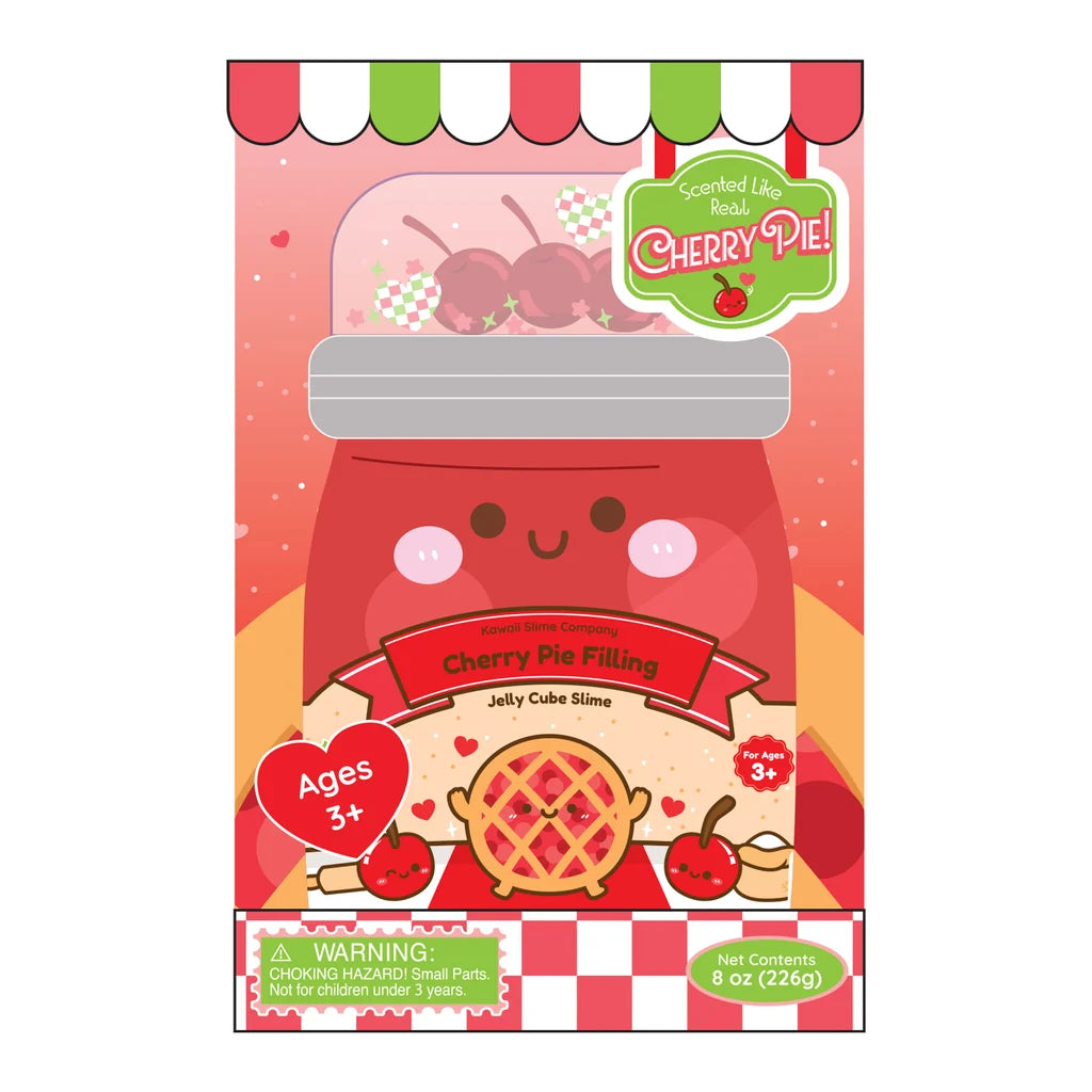 Cherry Pie Filling Jelly Cube Slime package with cherry pie themed artwork and playful dessert design