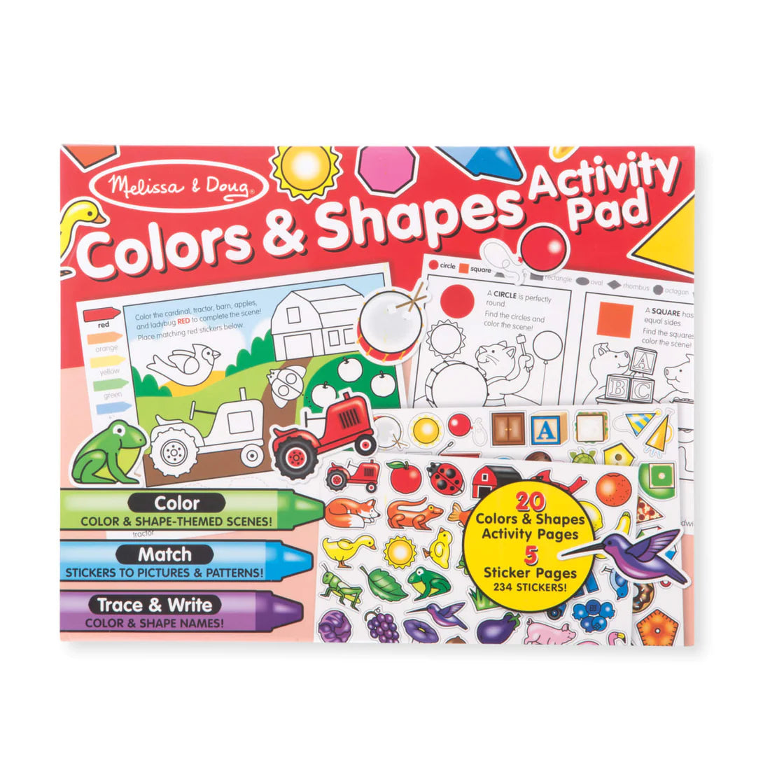 Colors & Shapes Activity Pad featuring coloring, matching, tracing, and sticker fun to learn colors and shapes for kids.