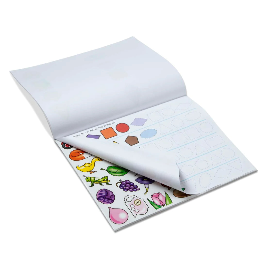 Colors & Shapes Activity Pad open to pages with shapes to trace and colorful stickers for matching and learning.