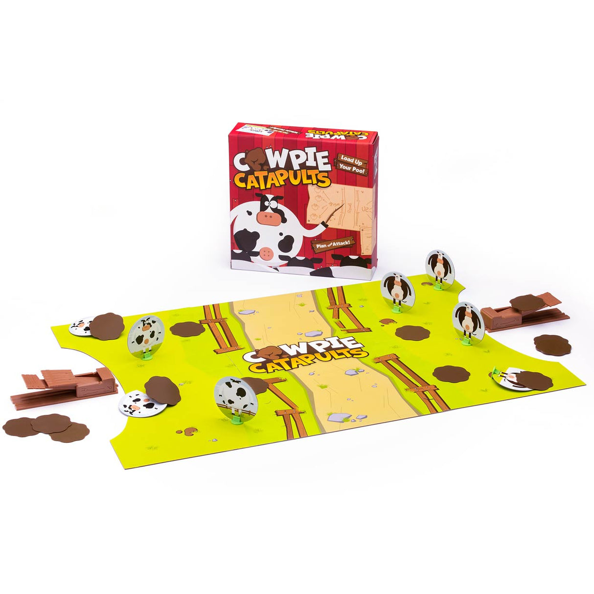 Cow Pie Catapults game with barnyard board, catapults, cows, and rubber poop for fun competitive play.