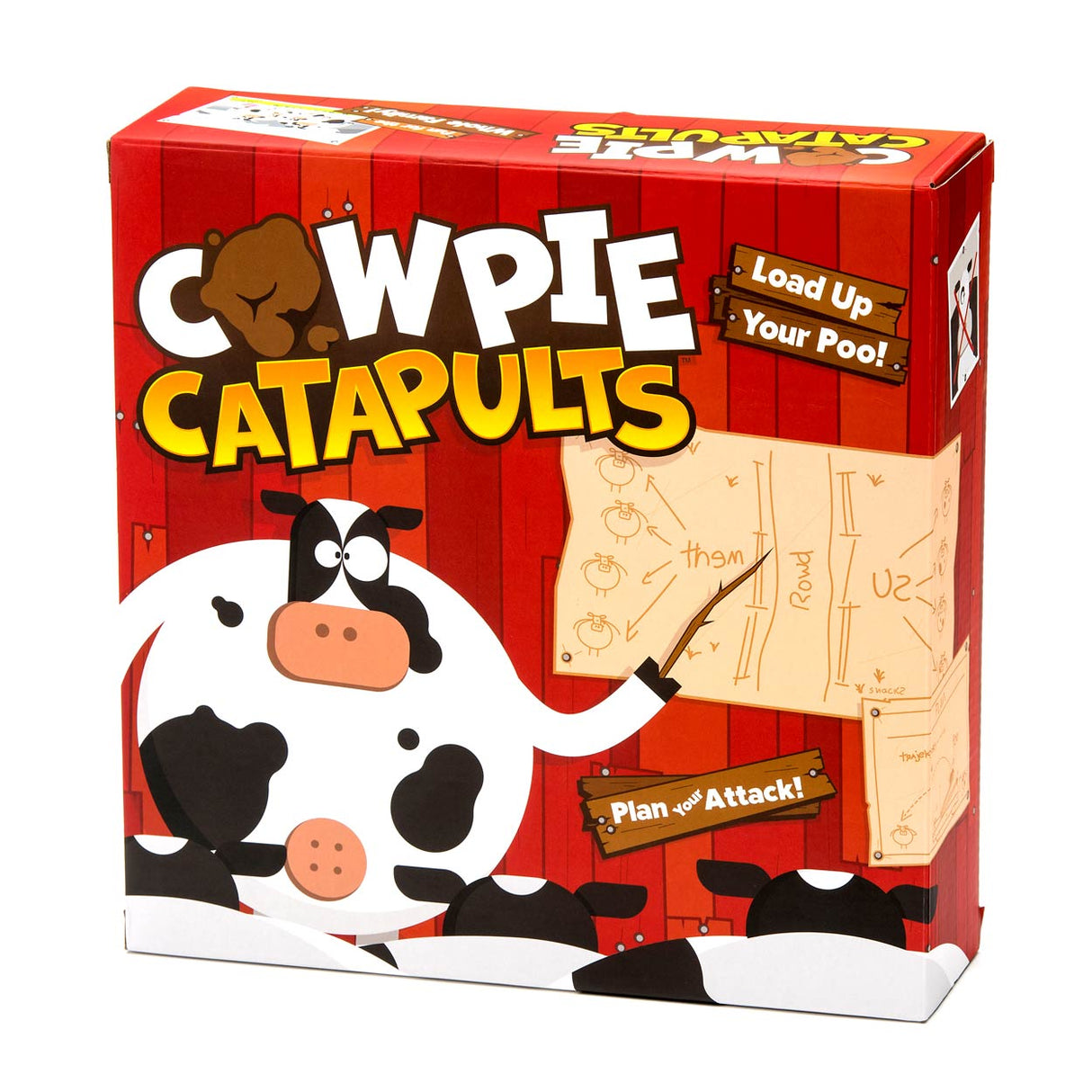 Cow Pie Catapults game box with cartoon cows, barnyard theme, and playful poo-launching battle illustration.