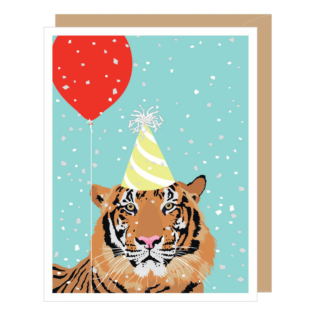 Tiger & Balloon Card featuring a tiger with a party hat and red balloon on a blue confetti background.