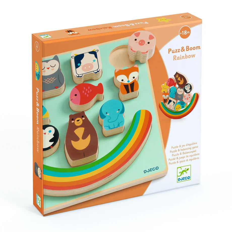 Puzz & Boom Rainbow Puzzle wooden animal shapes with rainbow base for stacking and balancing game.
