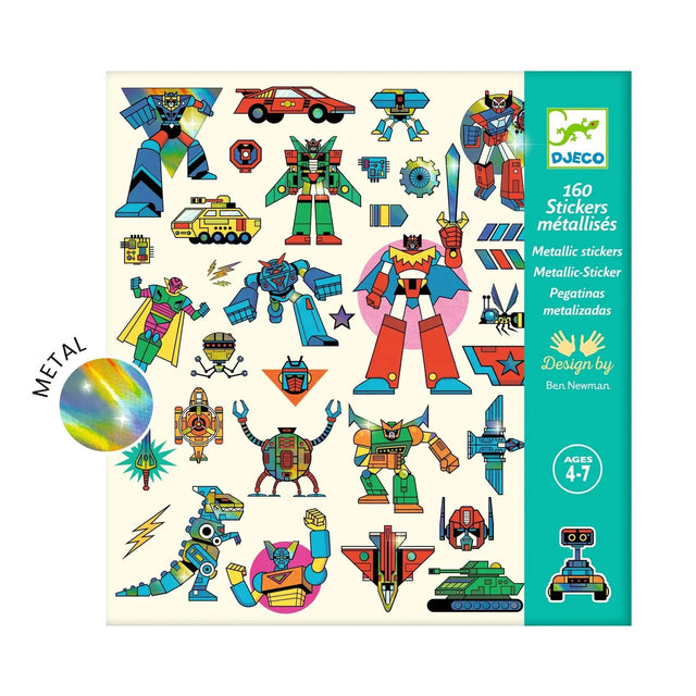 Robot Stickers with 160 metallic robot-themed stickers featuring retro mecha, droids, and futuristic designs for creative decoration.