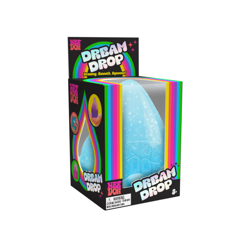 NeeDoh Dream Drop blue drop-shaped fidget with sparkles in colorful packaging with included stand for ages 3+