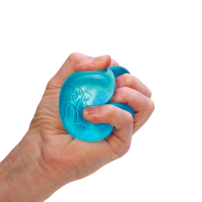 Hand squeezing a blue NeeDoh Dream Drop fidget toy, showing its flexible, squishy texture and shape.