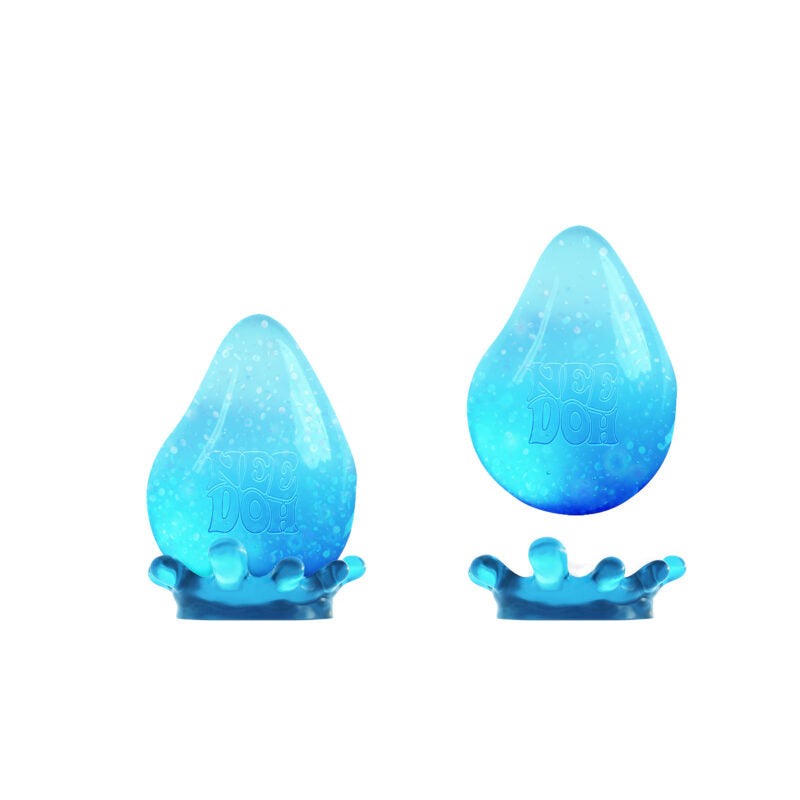 Blue sparkly drop-shaped NeeDoh Dream Drop fidget with included stand, perfect for squishing and squeezing fun.
