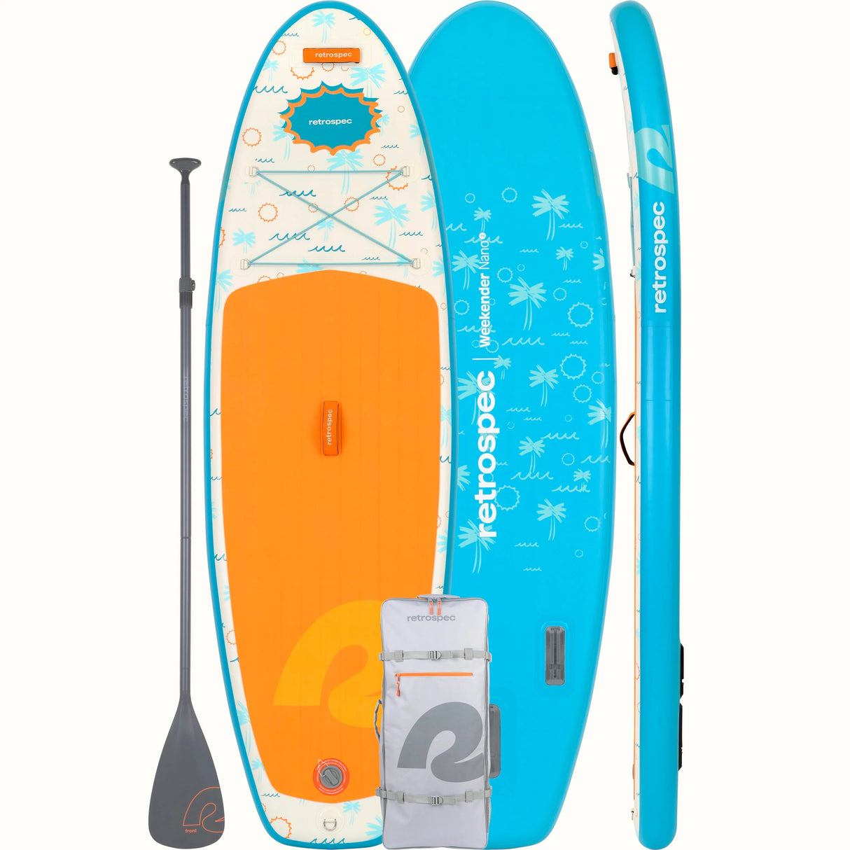 Weekender Nano Kids' Inflatable Paddle Board in Surfer Blue with paddle, pump, and carrying bag shown flat and inflated.