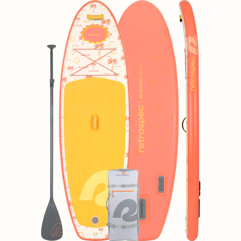 Weekender Nano Kids' Inflatable Paddle Board Summer Punch with paddle, pump, and carrying bag shown from multiple angles.