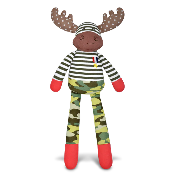 Organic plush moose toy with striped shirt, camouflage pants, and polka-dot antlers, safe and hypoallergenic for all ages