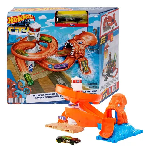 Hot Wheels City Set with an octopus-themed track and lighthouse, featuring a green toy car and play obstacles.