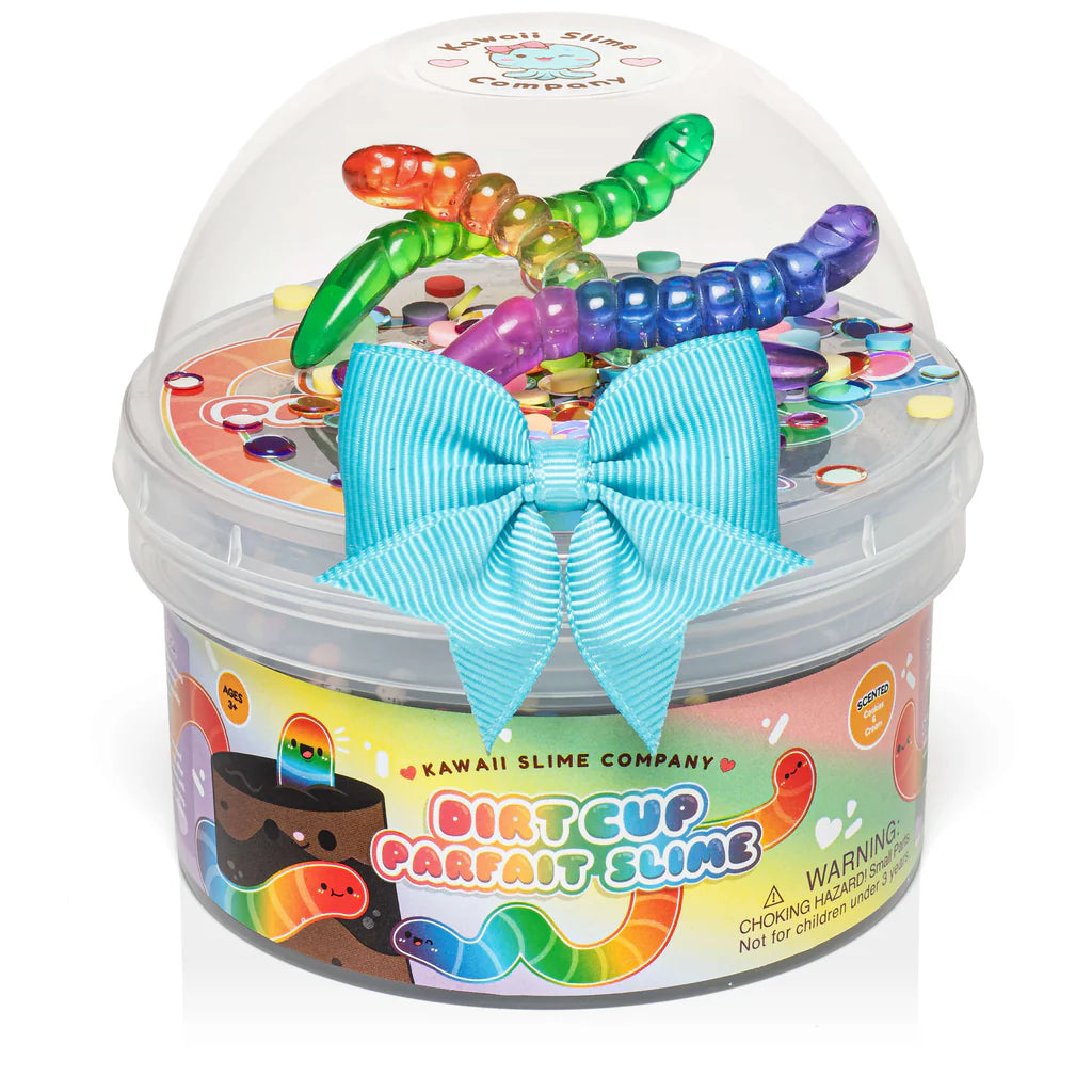 Dirt Cup Parfait Crunchy Slime with colorful worm charms, confetti, and a blue bow in a clear dome lid.
