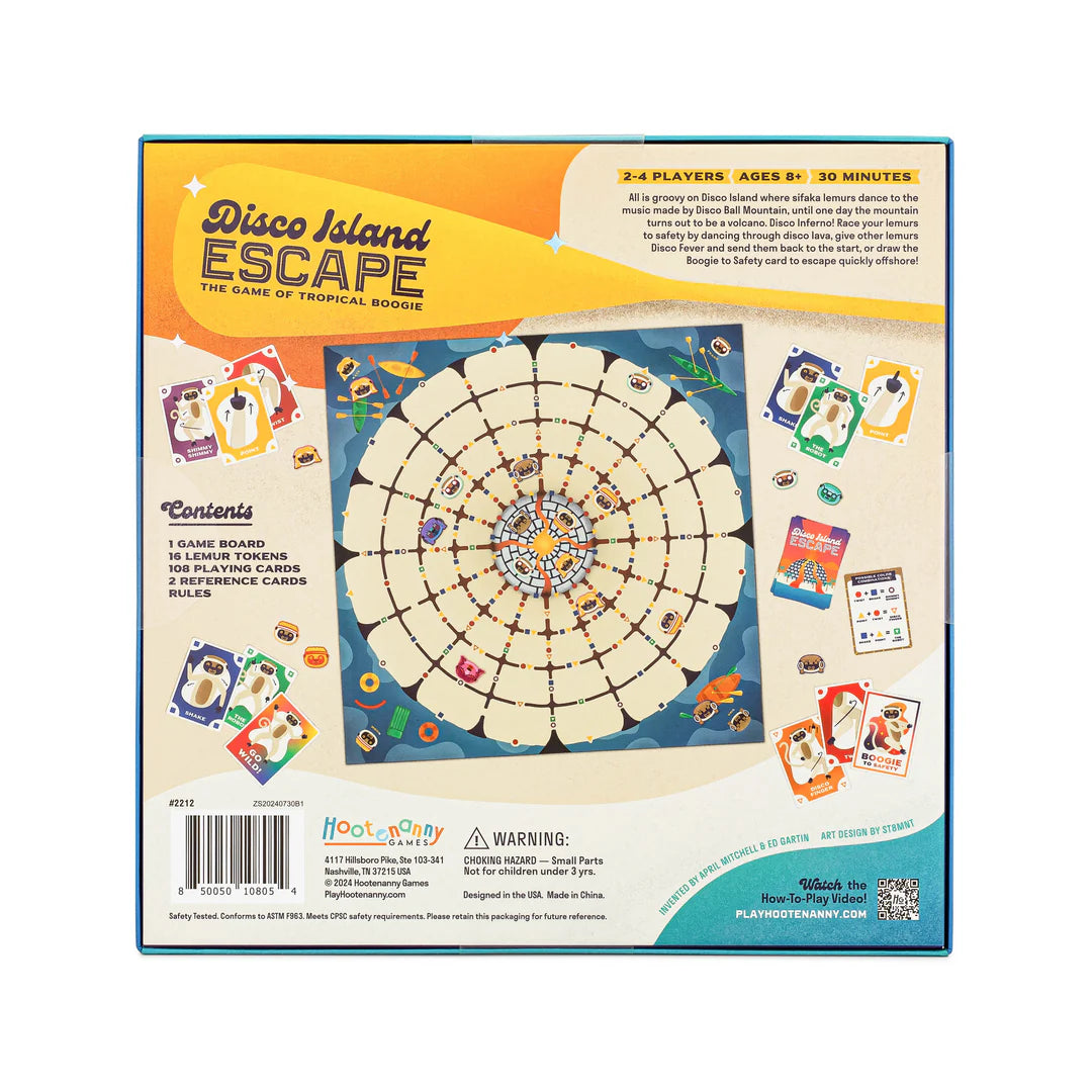 Disco Island Escape board game with lemur tokens and colorful playing cards for 2-4 players ages 8 and up.
