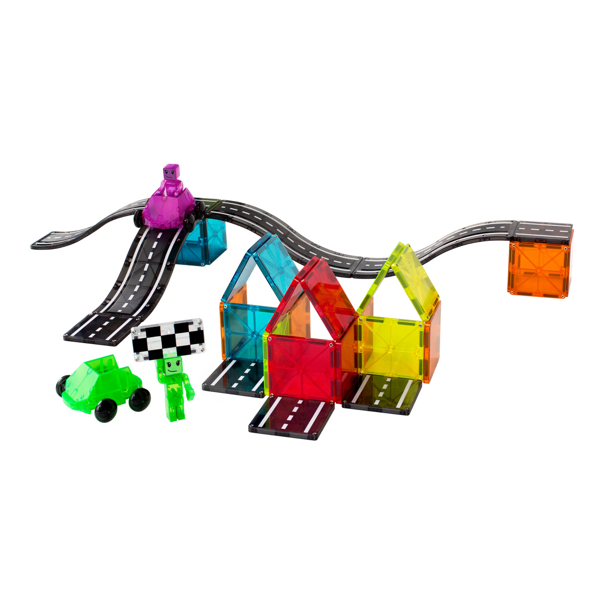 Magnatiles Downhill Duo 40pc toy set featuring colorful ramps, roads, vehicles, and figures for creative play.