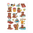 Sheet of 17 glossy stickers featuring playful brown bears having a picnic with honey, watermelon, and bees in a park setting.
