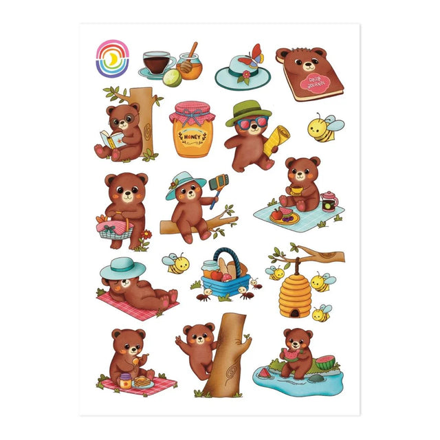 Sheet of 17 glossy stickers featuring playful brown bears having a picnic with honey, watermelon, and bees in a park setting.