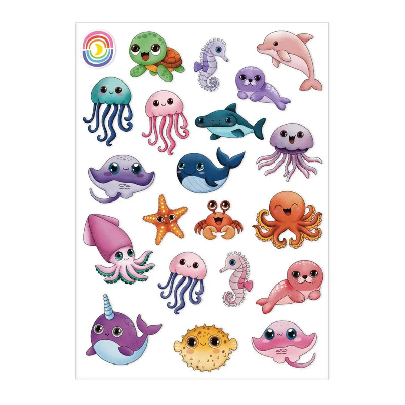 Sticker sheet measuring 4.25" x 5.8" featuring 20 colorful kawaii stickers of various sea creatures such as jelly fish, puffer fish, narwhals, dolphins, seals, and more.