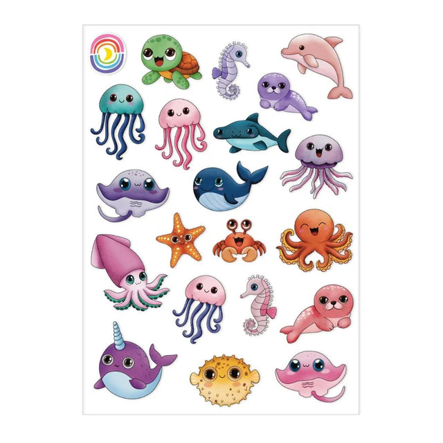 Sticker sheet measuring 4.25" x 5.8" featuring 20 colorful kawaii stickers of various sea creatures such as jelly fish, puffer fish, narwhals, dolphins, seals, and more.