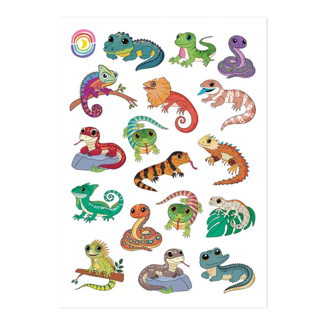 Sheet of 17 colorful glossy reptile stickers featuring snakes, lizards, geckos, and other cute kawaii creatures