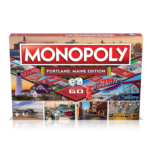 Monopoly Portland, Maine Edition board game box featuring local landmarks, tokens, and colorful Portland-themed design.