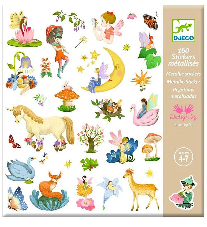 Fantasy Stickers by Djeco featuring 160 colorful, gold metallic fantasy-themed stickers with fairies, animals, and nature designs.