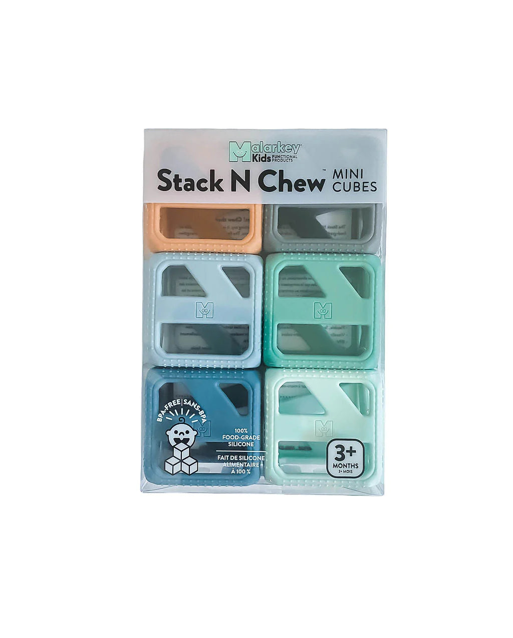 Stack & Chew Earthy Cubes BPA-Free silicone teething toy set with flexible, stackable mini cubes for babies 3+ months.
