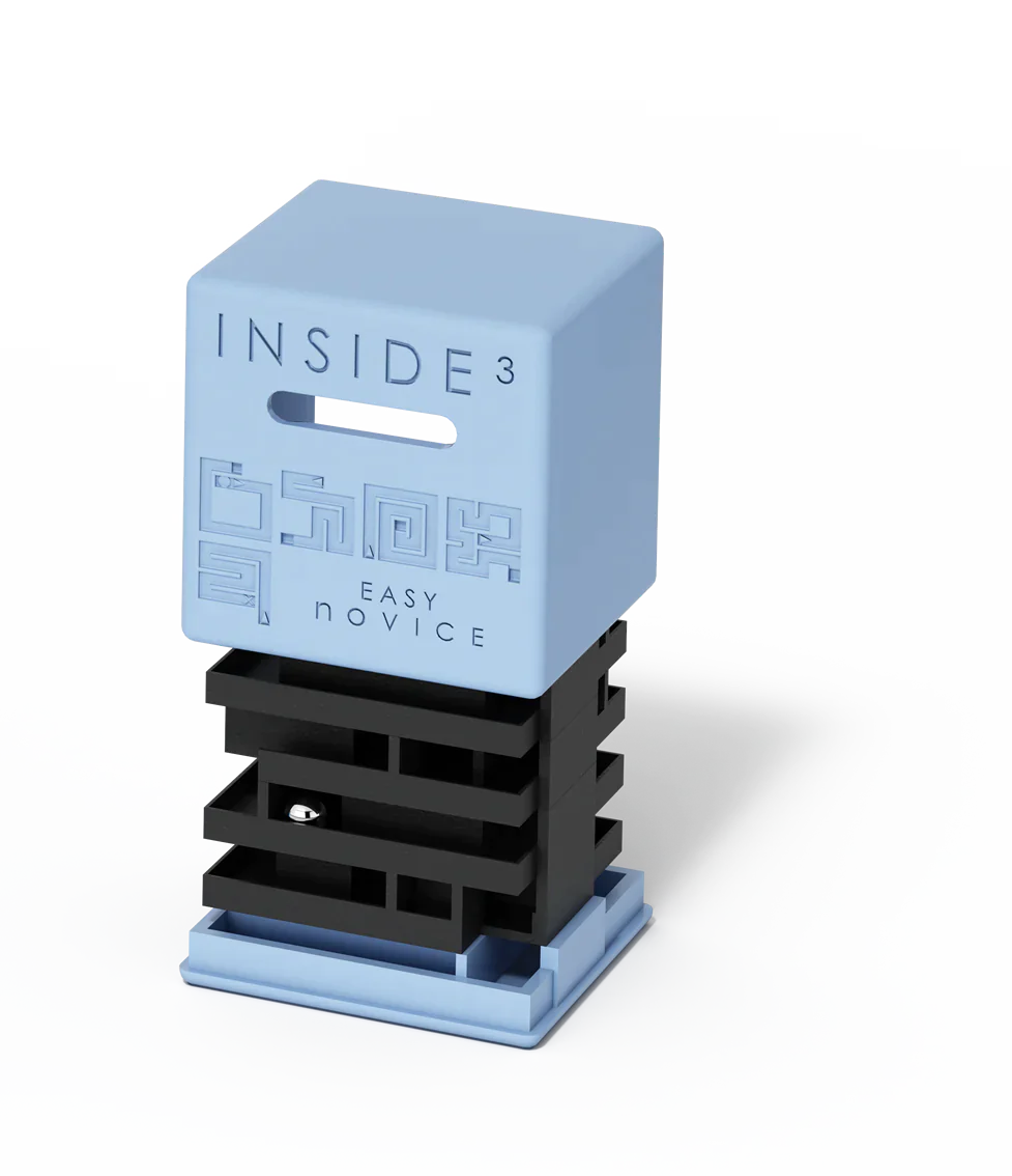 INSIDE 3 - noVice - Easy noVice blue 3D maze cube with engraved surface and ball inside for beginners.