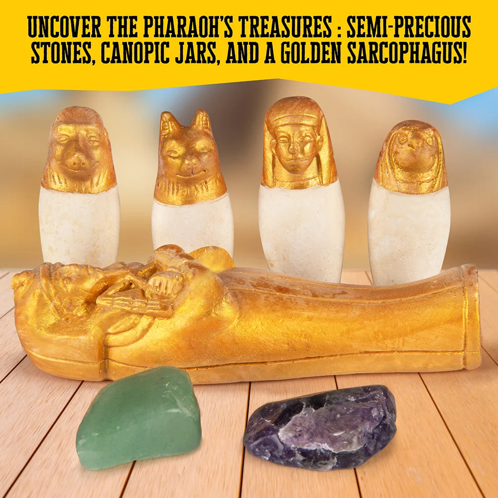 I DIg It! Egyptian Artifacts with golden sarcophagus, canopic jars, and polished stones